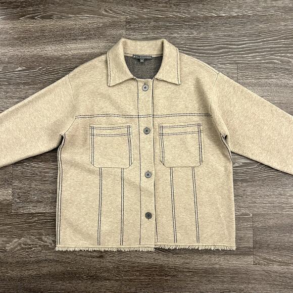 EUC Elliott Lauren Beige Top Stitch Button Front Sweater Jacket Sz M Fringe Hem - Picture 5 of 16